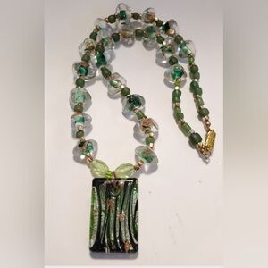 Green Lampwork  Glitter Infused Glass Green Sea Glass Infused Pendant Statement